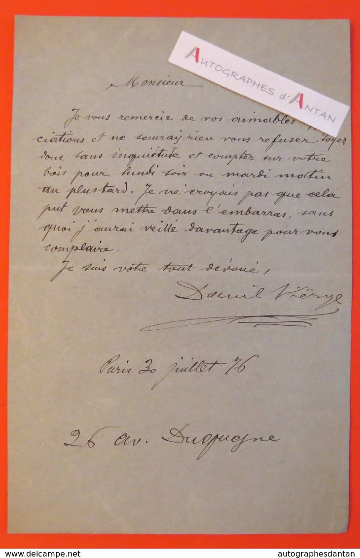 L.A.S 1876 Daniel VIERGE - Peintre & Dessinateur - Lettre Autographe - Né à Madrid Décédé à Boulogne Sur Seine - Autres & Non Classés