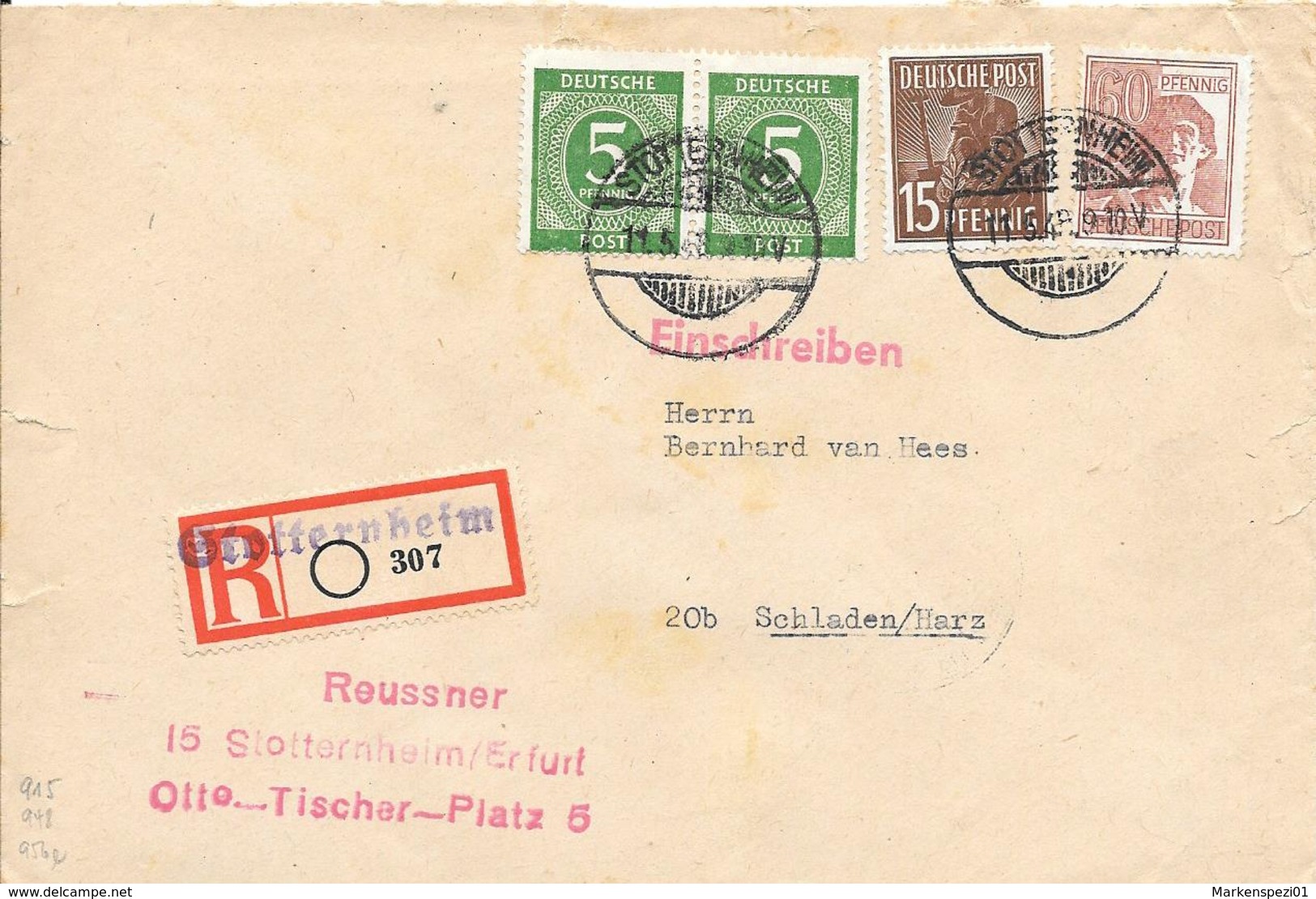 All BesEinschreibe  Beleg MiFZiffer/Arb 1948 Grottenheim- Schladen/Harz - Sonstige & Ohne Zuordnung