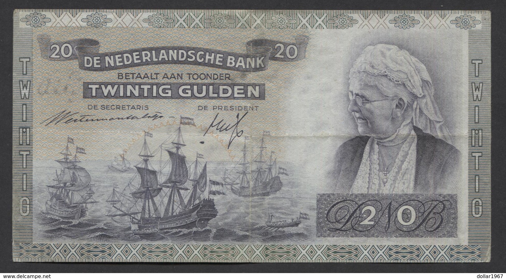 Netherlands  20 Gulden 09-07-1939 - 26-9-1945  NO: HV 085333  - See The 2 Scans For Condition.(Originalscan ) - 20 Florín Holandés (gulden)