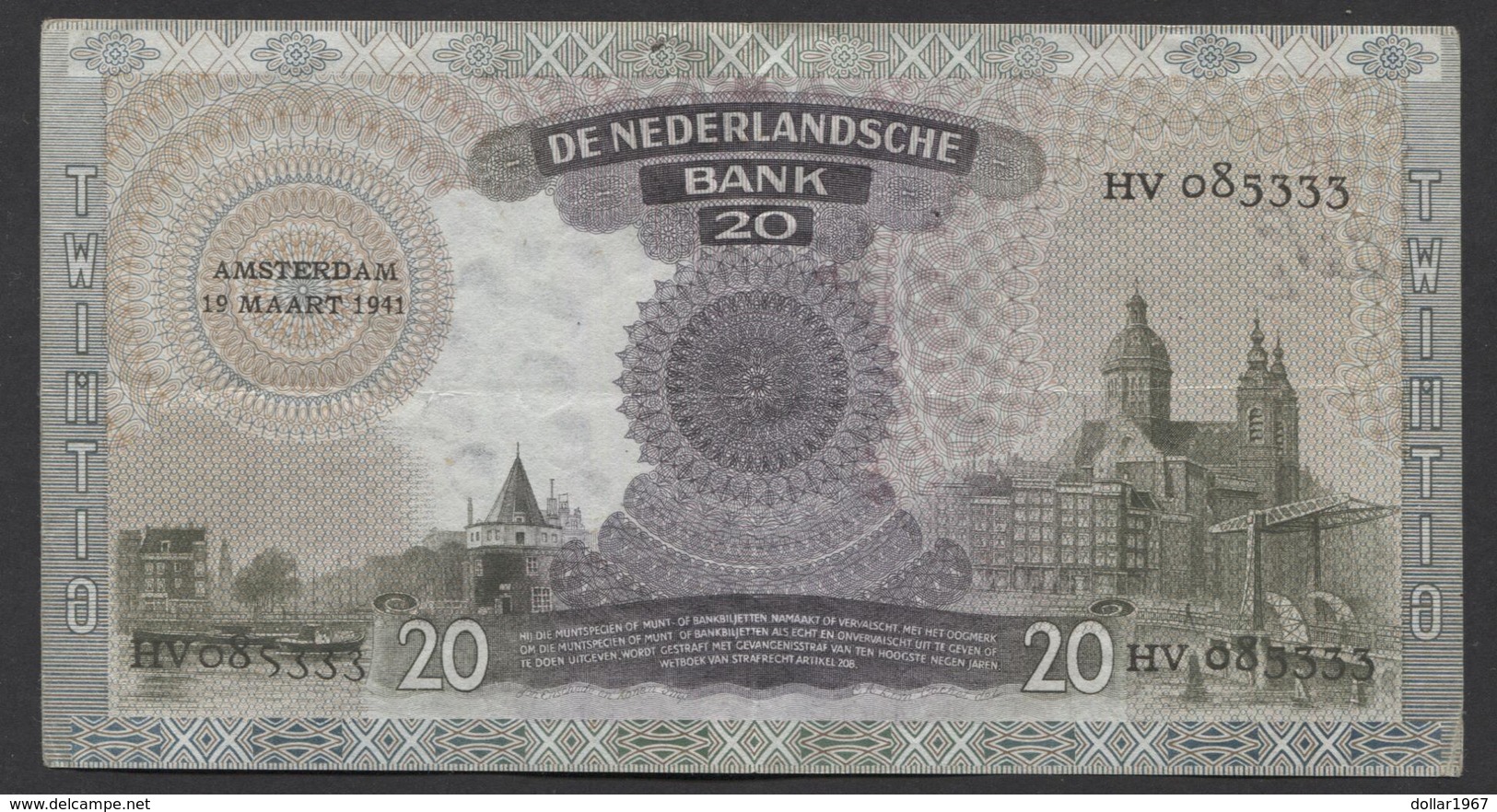 Netherlands  20 Gulden 09-07-1939 - 26-9-1945  NO: HV 085333  - See The 2 Scans For Condition.(Originalscan ) - 20 Florín Holandés (gulden)