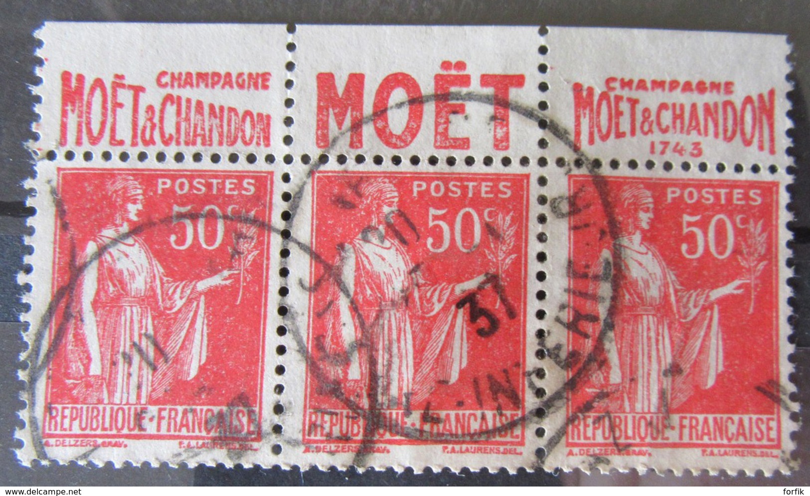 France - Bande De 3 Timbres Oblitérés Type Paix 50c YT N°283 (type IV) Avec Bandes Pub. Moët & Chandon - Used Stamps