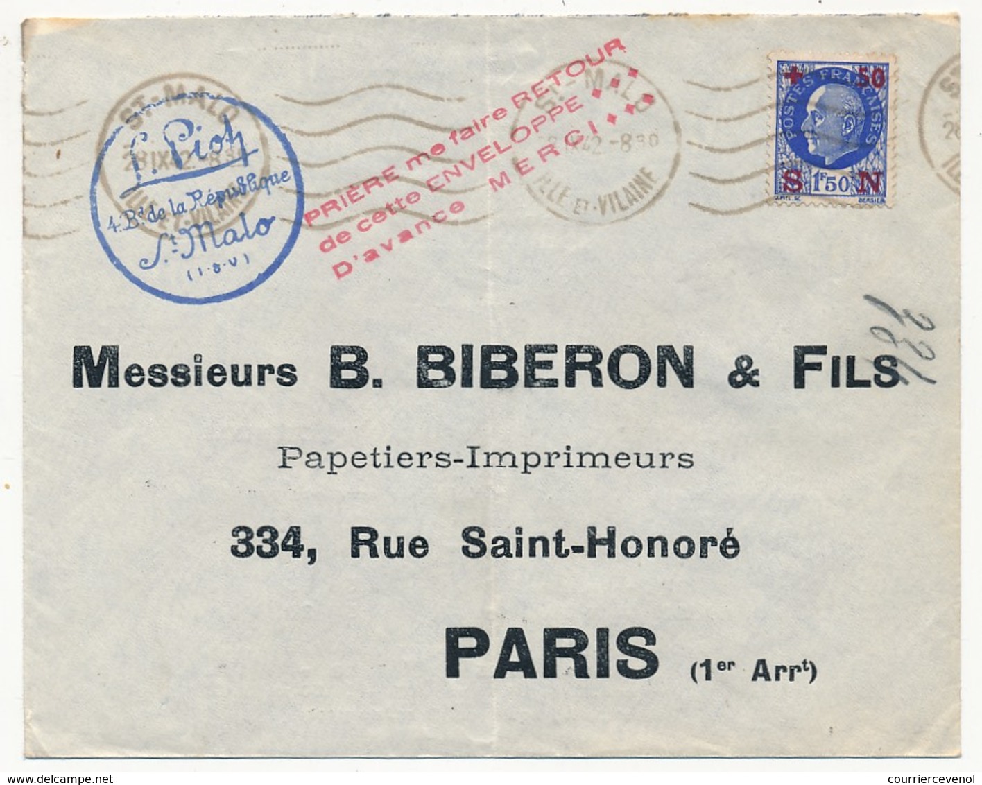 Enveloppe Publicitaire "B.Biberon Et Fils Papetiers Imprimeurs Paris" Affr 1,50F + 50 Pétain Bersier 1942 - 1900 – 1949