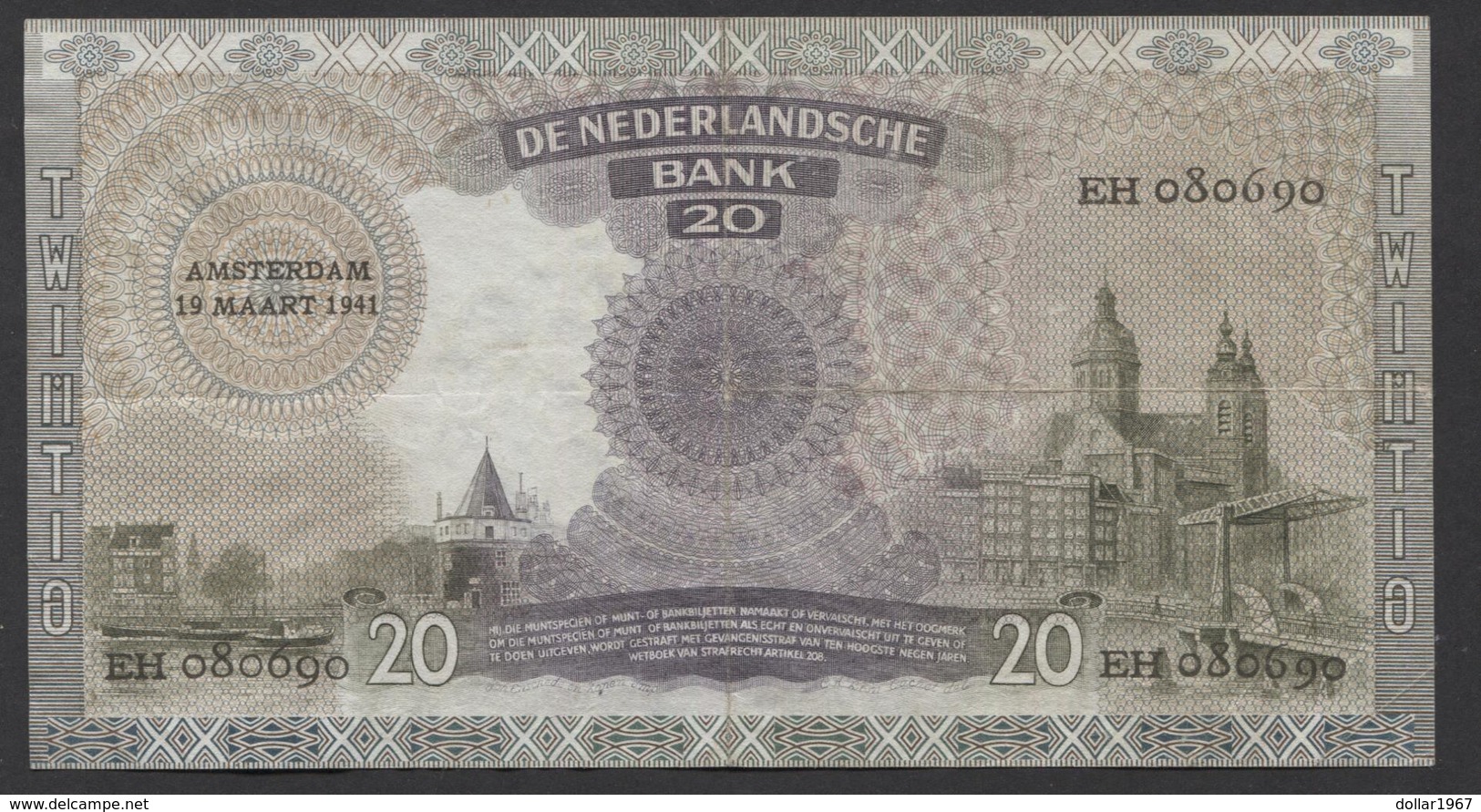 Netherlands  20 Gulden 09-07-1939 - 26-9-1945  NO: EH 080690  - See The 2 Scans For Condition.(Originalscan ) - 20 Gulden