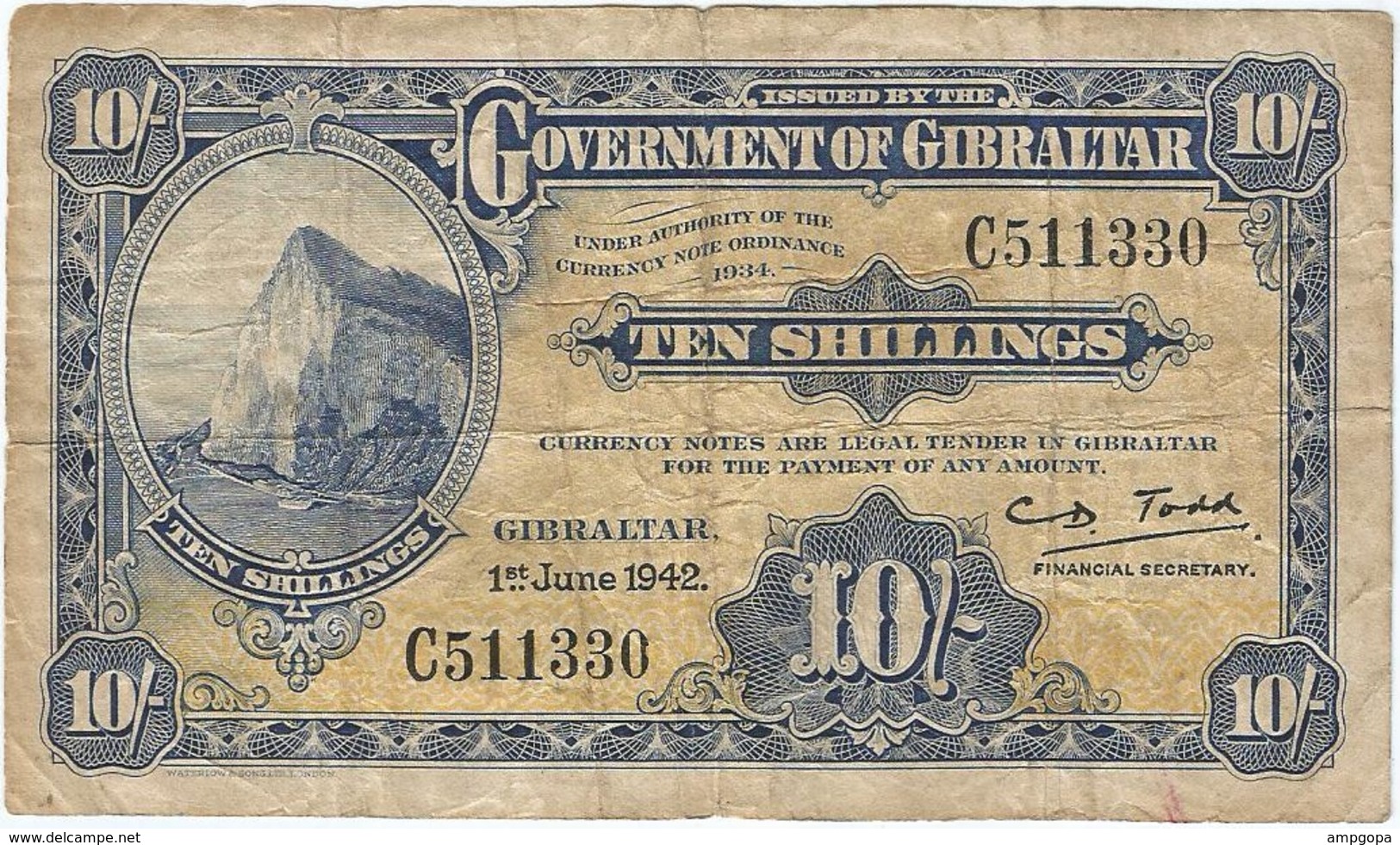 Gibraltar 10 Shillings 1-6-1942 Pk 14 B.1 Ref 3337-2 - Gibraltar