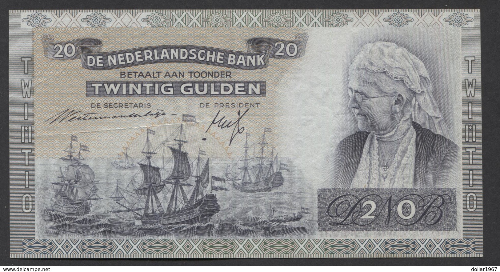 Netherlands  20 Gulden 09-07-1939 - 26-9-1945  NO: JJ 075539  - See The 2 Scans For Condition.(Originalscan ) - 20 Florín Holandés (gulden)