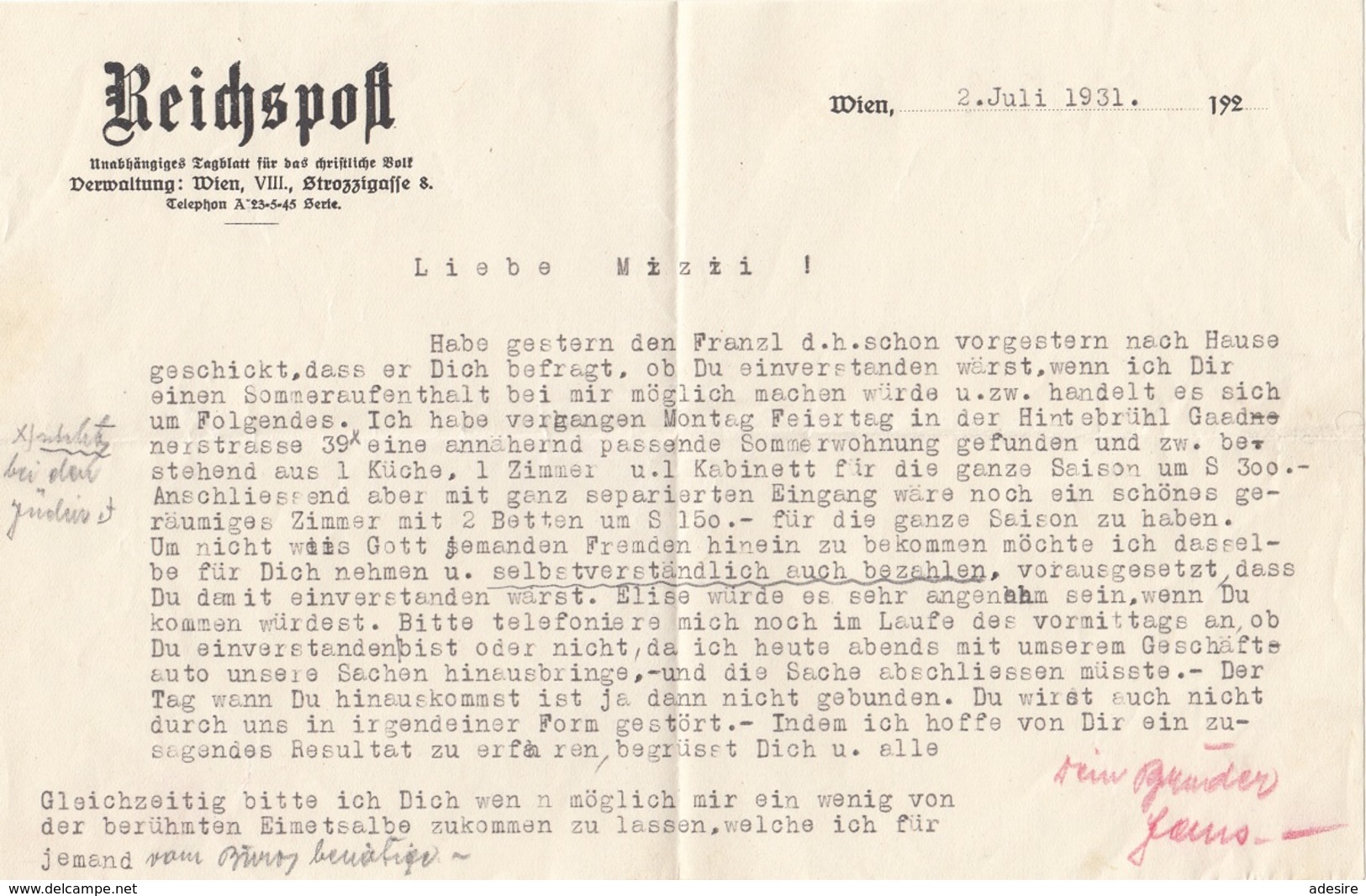 V1 - ÖSTERREICH REICHSPOST - Schreiben Von Unabhängigen Tagblatt 1931 - Historische Dokumente
