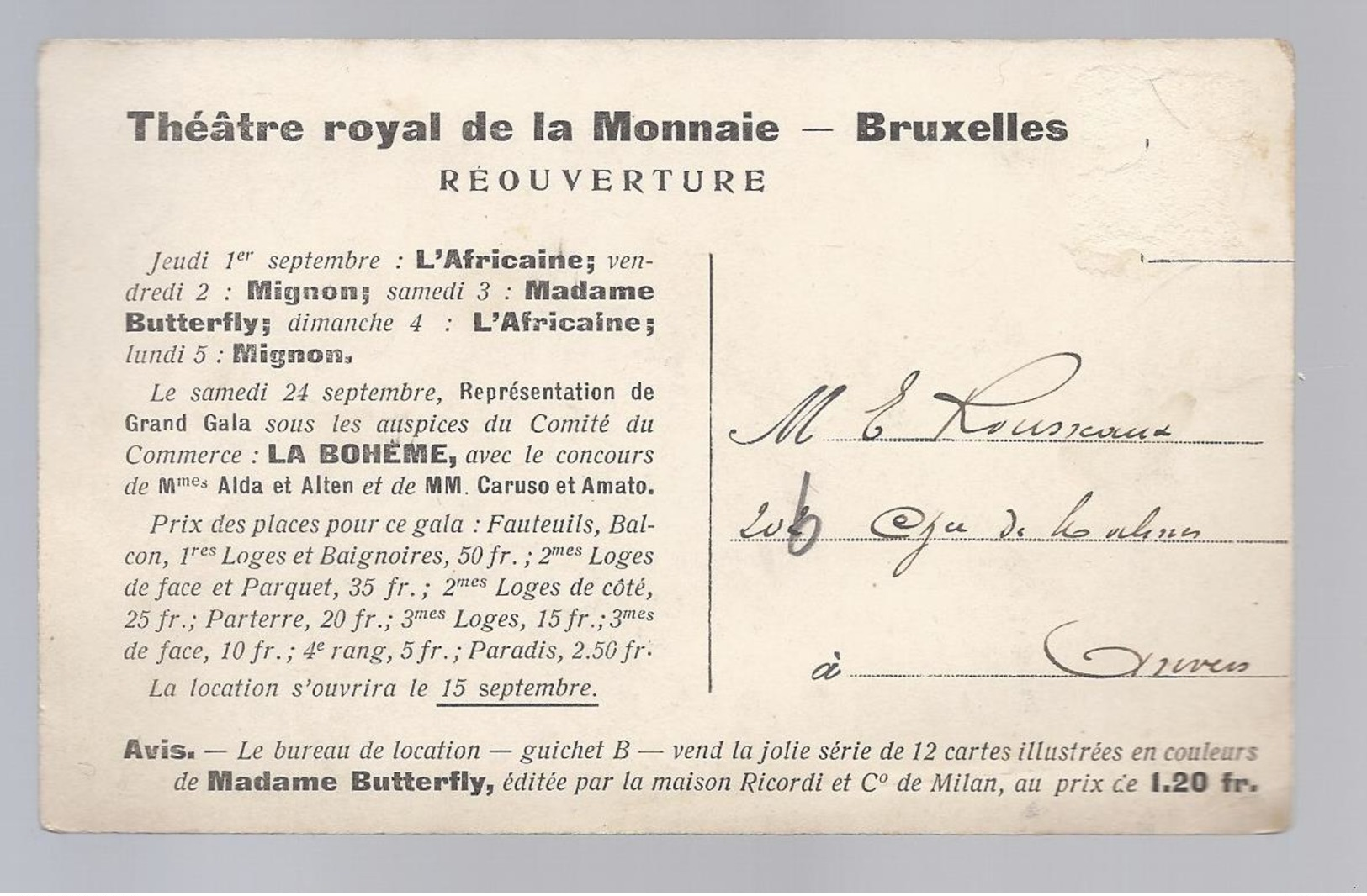 MADAME BUTTERFLY REOUVERTURE THEATRE ROYAL DE LA MONNAIE BRUXELLES EDIT. RICORDI MILAN - Opera