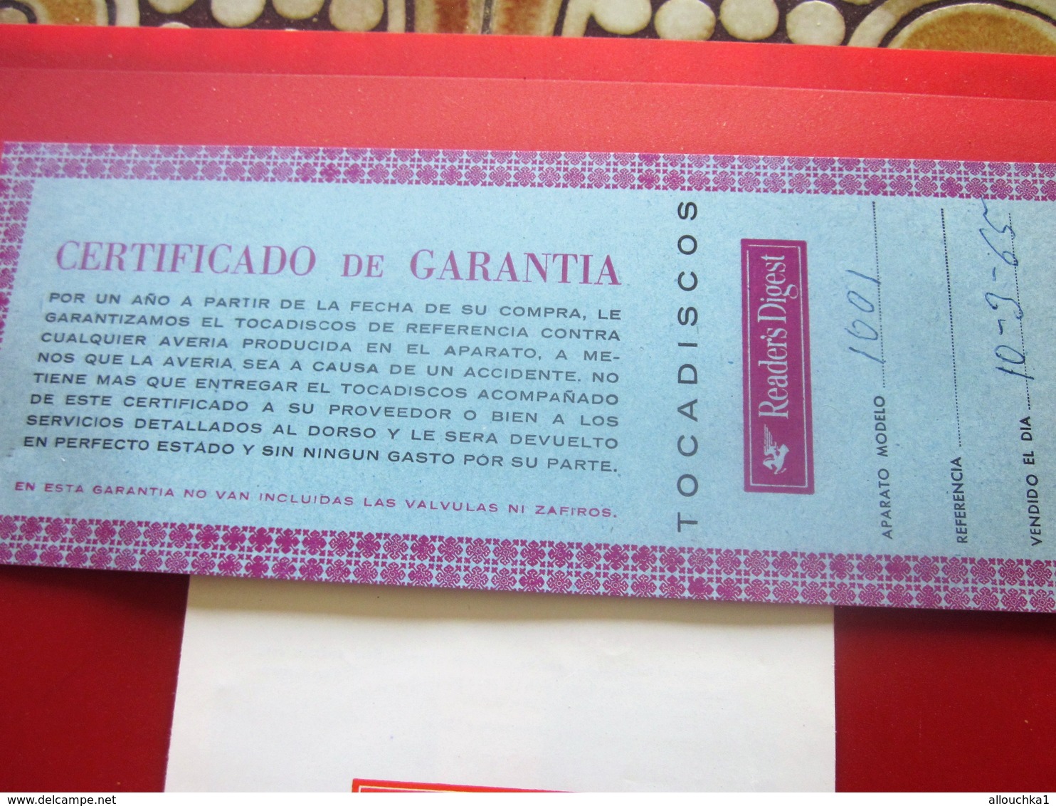 CERTIFICADO DE GARANTIA FONOGRAFICA  STÉRÉO 1001 Facturas De Papel Antiguas Y Documentos Comerciales De España.español - Espagne