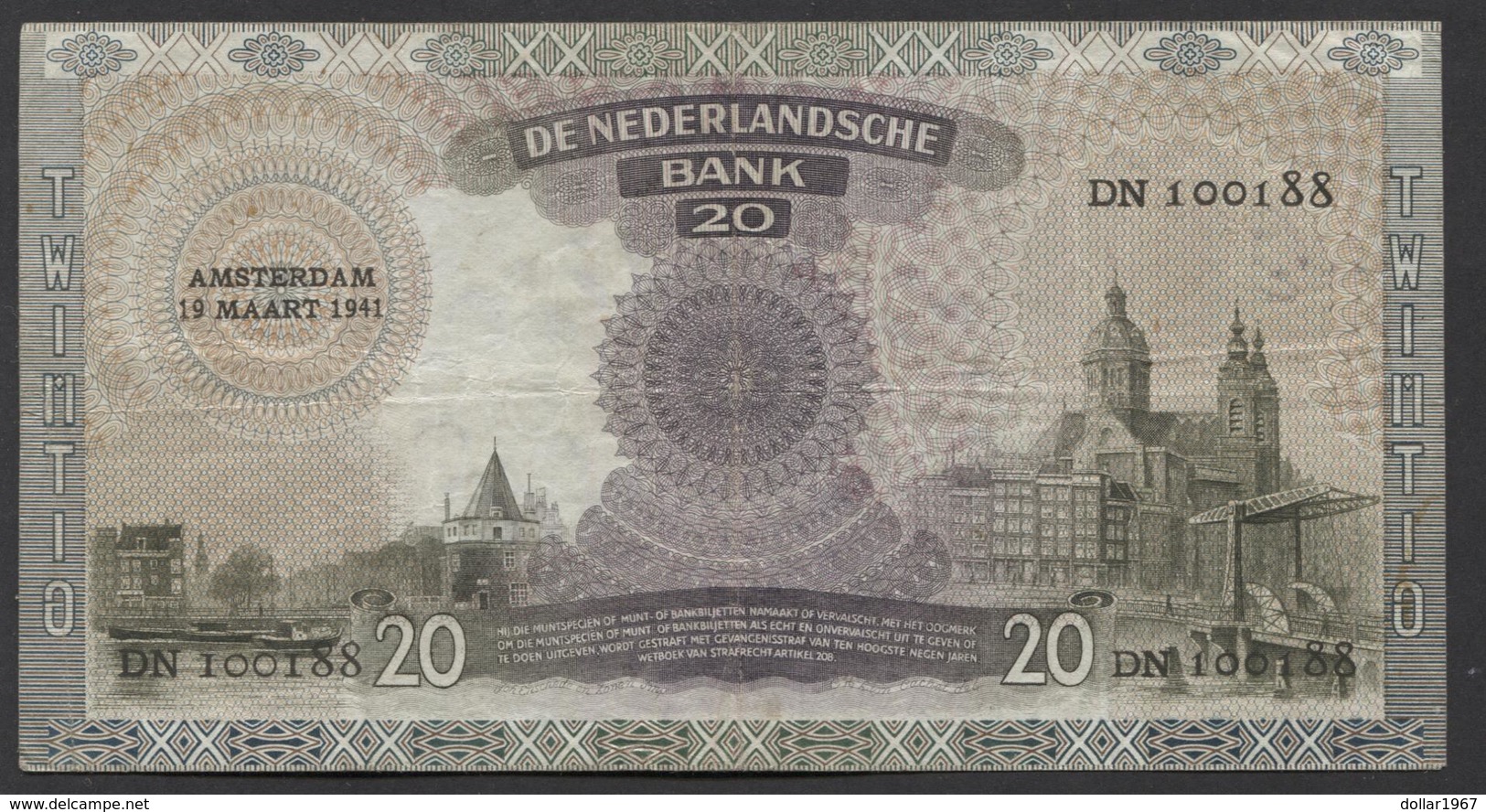 Netherlands  20 Gulden 09-07-1939 - NO: DN 100188 Replacement  - See The 2 Scans For Condition.(Originalscan ) - 20 Florín Holandés (gulden)