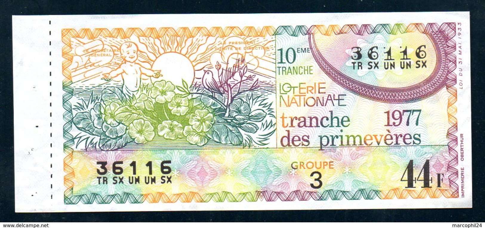 LOTERIE NATIONALE 1977 - TRANCHE N° 10 = PRIMEVERES ( FLEUR ) / BILLET ENTIER SUPERBE Complet De Sa Souche VOIR  2 SCAN - Lottery Tickets