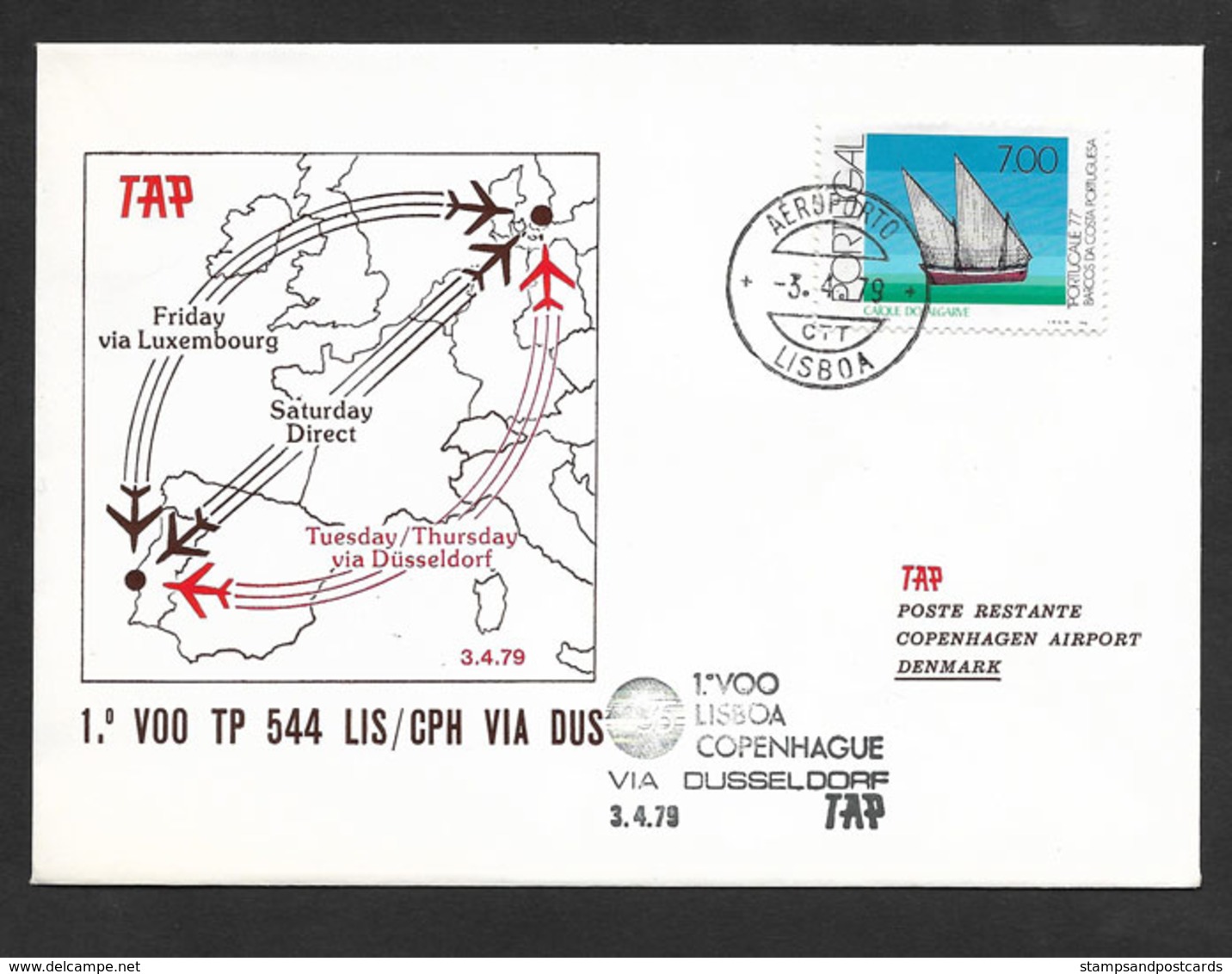 Portugal Premier Vol TAP Lisbonne Copenhagen Via Dusseldorf 1979 Lisbon Copenhagen Flight - Lettres & Documents