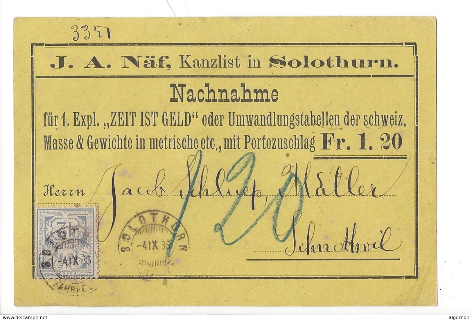 22054 - Soleure J.A.Näf Kanzlist In Solothurn  Nachmahme Pour Schnottwil 1886 - Soleure