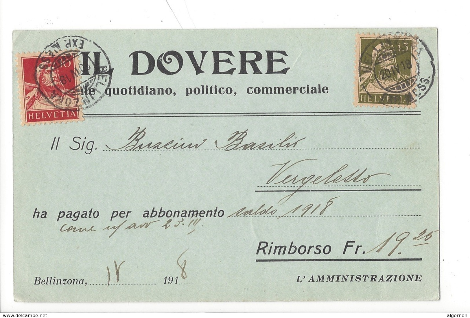 22055 -  Bellinzona Il Dovere Quotidiano Politico Commerciale Rimborso Pour Vergeletto 1918 - Autres & Non Classés