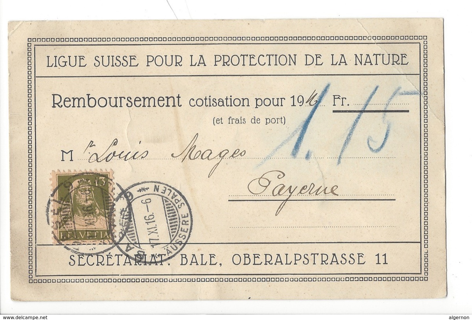 22056 -  Bâle Ligue Suisse Pour La Protection De La Nature Remboursement Pour Payerne 1916 - Bâle