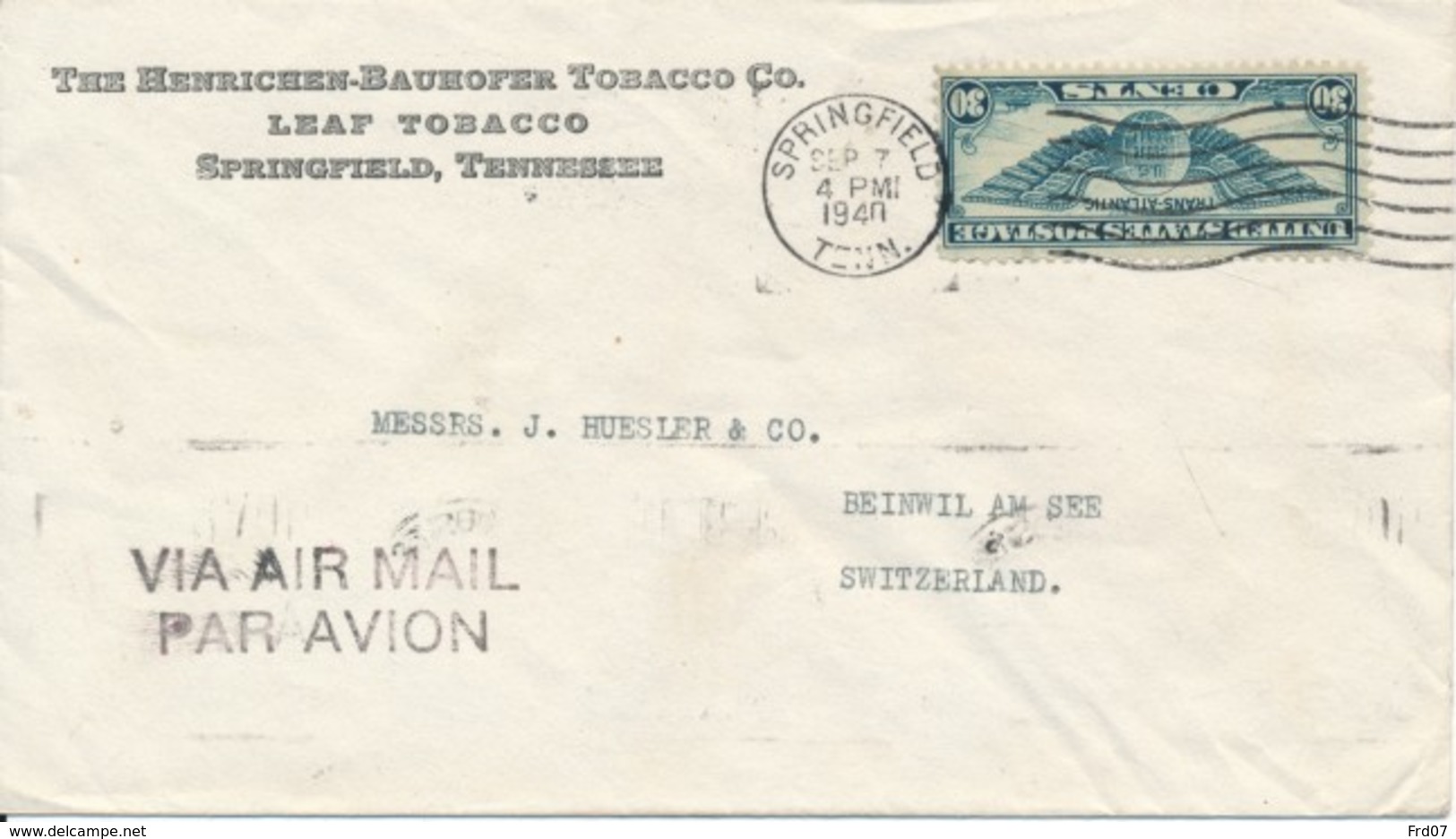 Par Avion - By Air Mail - USA Springfield Tenn. Sep 7 1940 Vers La Suisse Via Lissabon 18.9.40 / Philips Radio - 2c. 1941-1960 Lettres