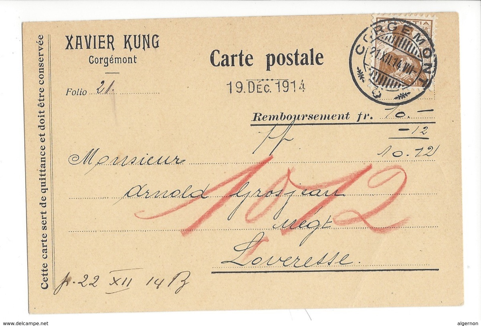 22057 - Corgémont Xavier Kung Remboursement Pour Loveresse 1914 - Altri & Non Classificati