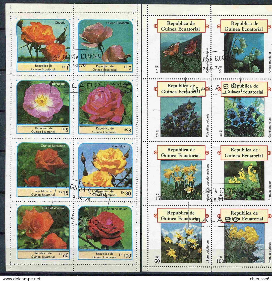 CL 3 Blocs - Lot 108) - Guinée équatoriale Ob  Lot De 2 Feuillets De 8 Tbres - Fleurs : Roses, Arnica, Narcisses Et Dive - Equatorial Guinea