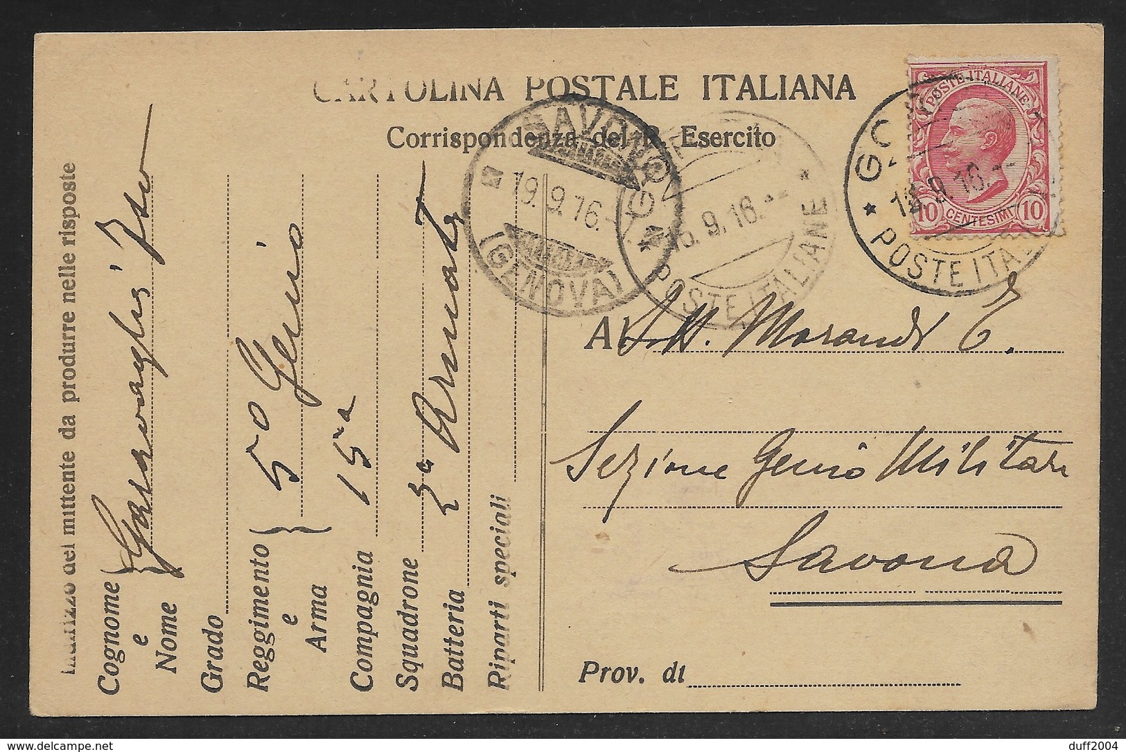 DA GORIZIA A SAVONA - 15.9.1916. - Stamped Stationery