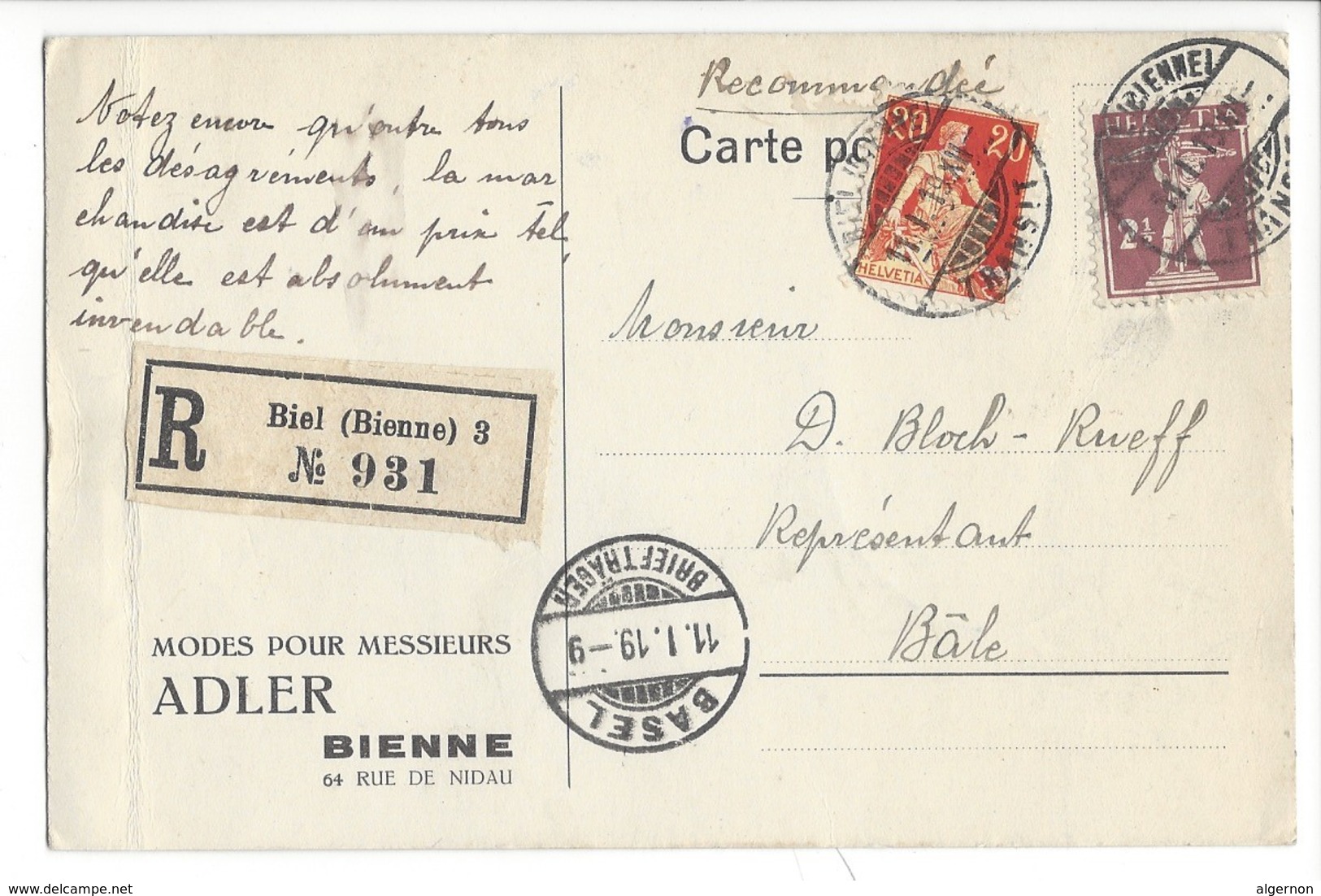 22061 - Biel Modes Pour Messieurs Adler Bienne Pour Bâle Recommandé 1919 - Bienne