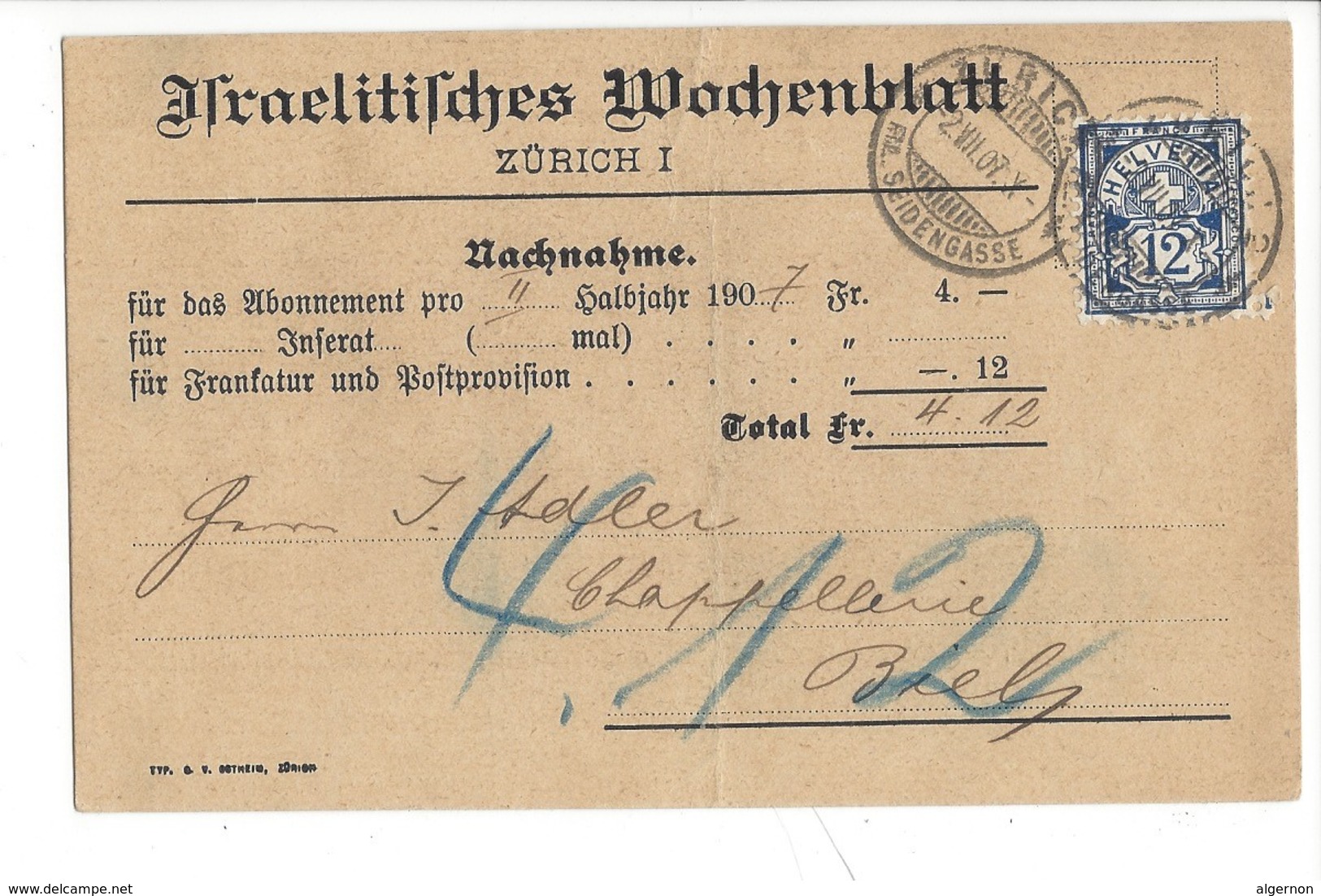 22063 - Zürich Israelitisches Wochenblatt Nachnahme Pour Biel 1907 (attention Pli) - Zürich