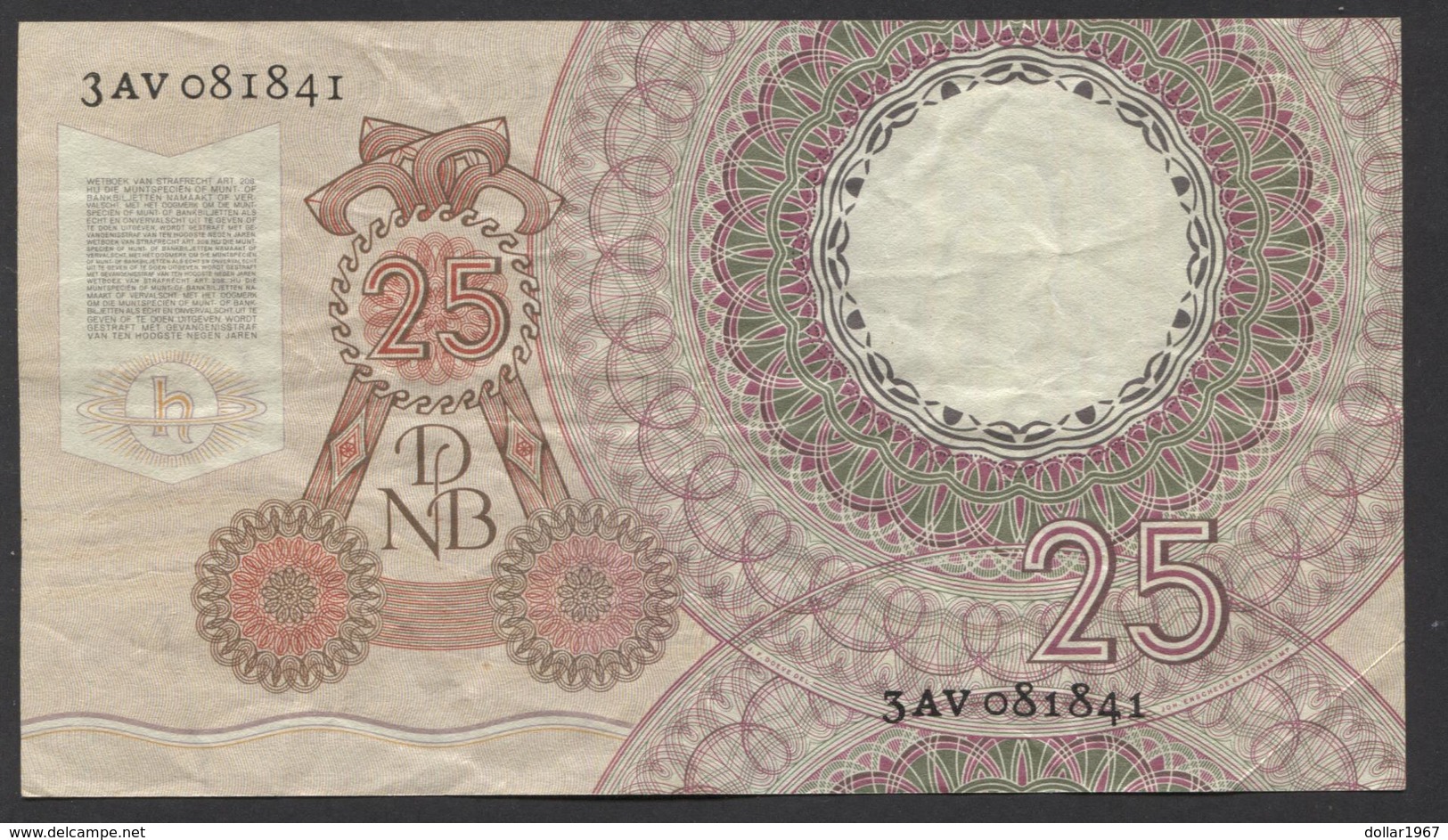 Netherlands  25 Gulden 10-4-1955 - NO: 3 AV 081841  - See The 2 Scans For Condition.(Originalscan ) - 25 Gulden