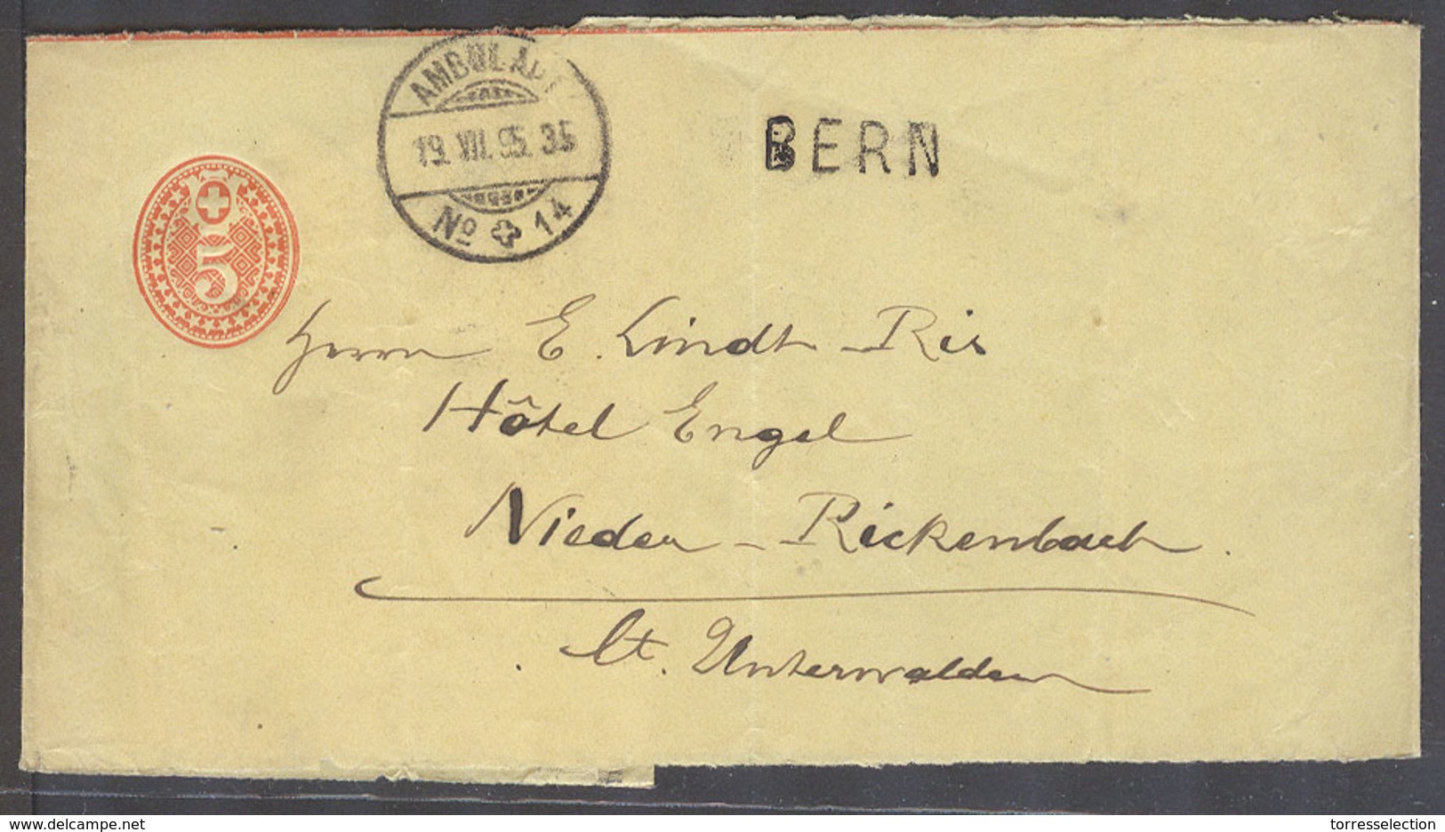 Switzerland - Stationery. 1895 (19 July). Bern - Nieder Rickenbach. 5c Red Complete Stat Wrapper Stline Bern TPO Nº14. V - Other & Unclassified