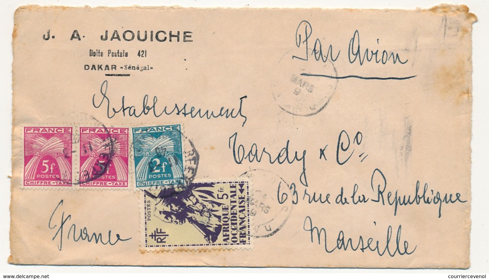 Enveloppe Depuis Dakar, Taxée à Marseille - 2 X 5F + 2F Gerbes - 1946 - 1859-1959 Lettres & Documents