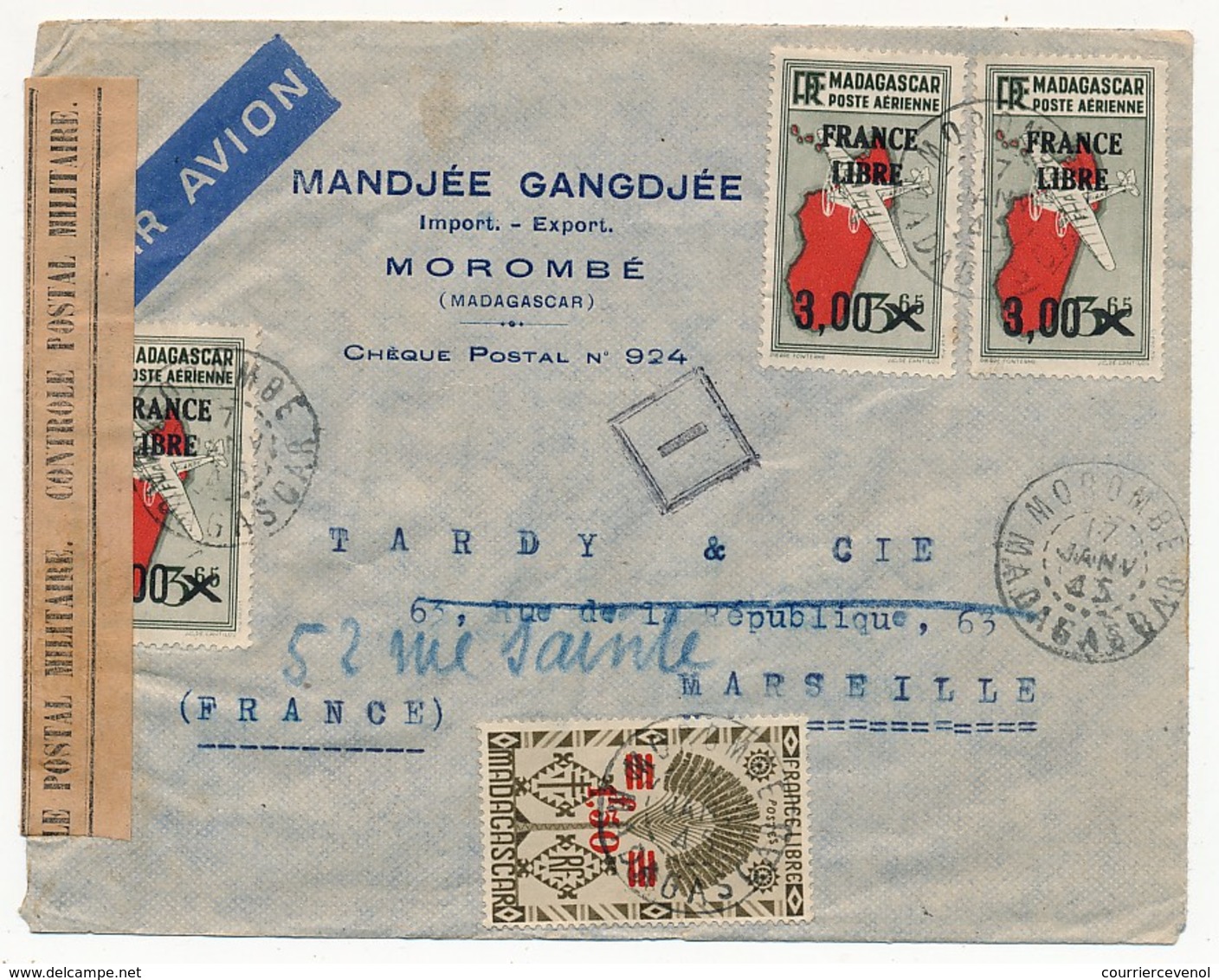 MADAGASCAR - Enveloppe Depuis Morombé, 1945, Avec Bande "Contrôle Postal Militaire", Lecteur "I" - Lettres & Documents