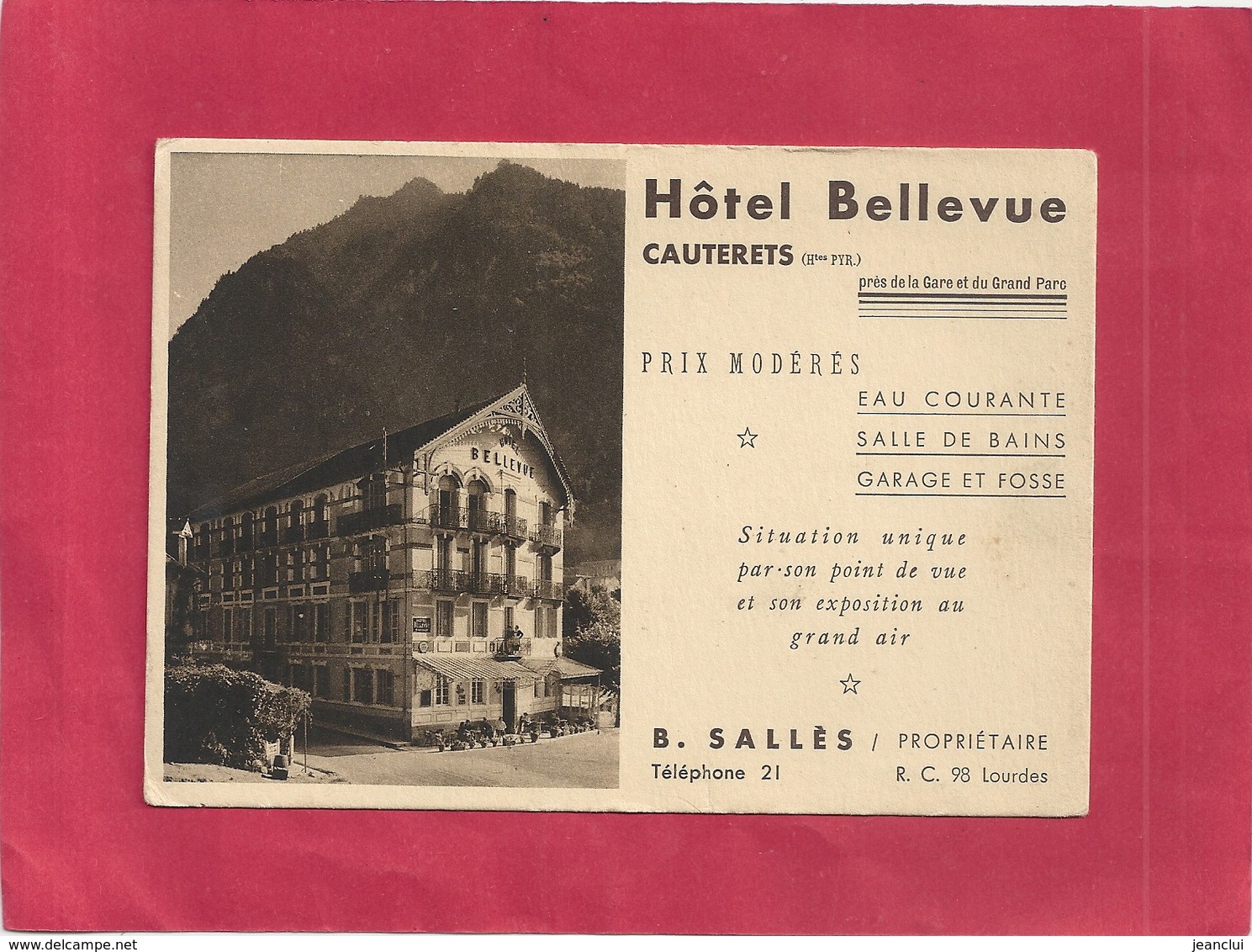 CARTE-PUB . HOTEL BELLEVUE - CAUTERETS . B. SALLES Proprietaire Tel 21 . Edt YVON . CARTE NON ECRITE - Cauterets