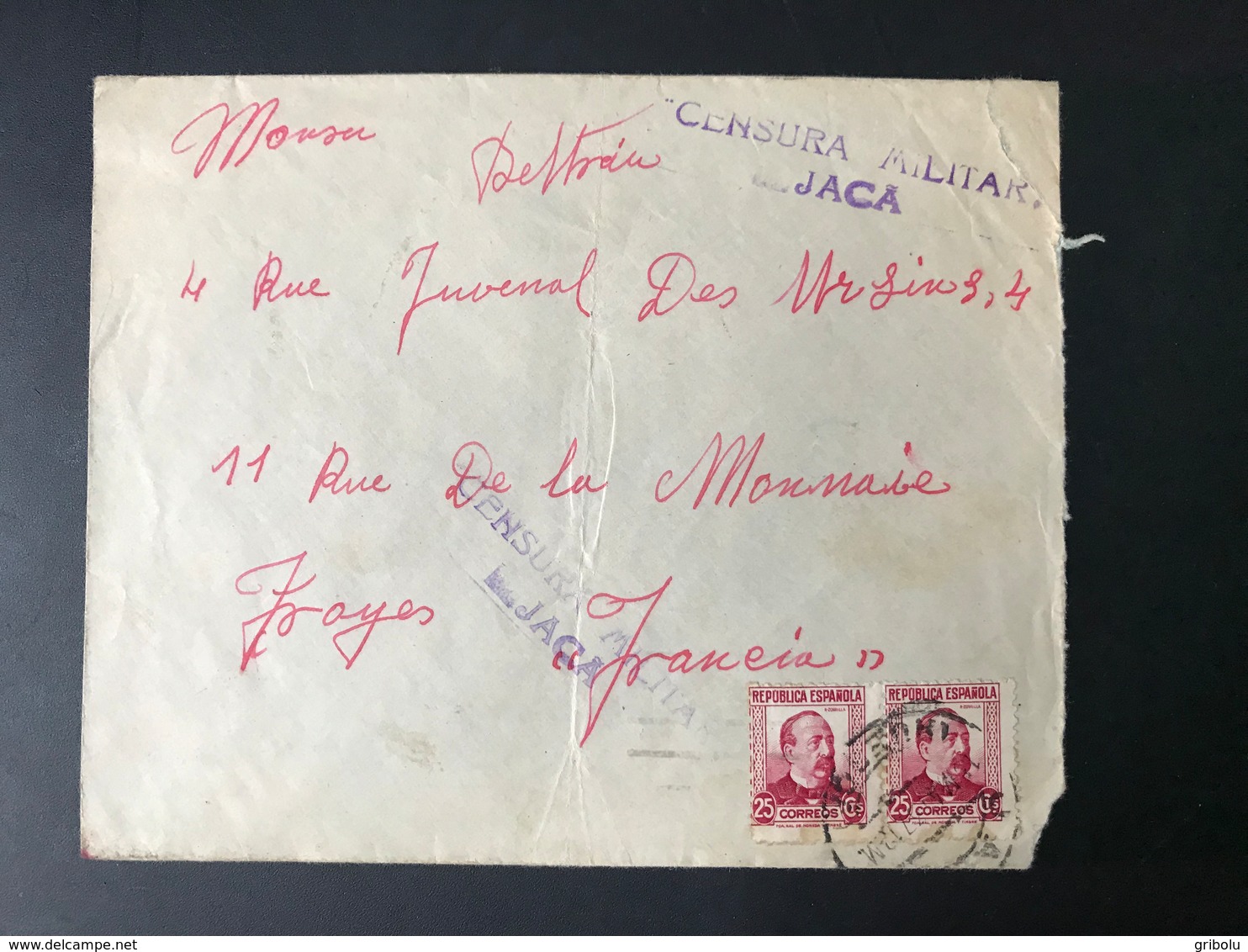 ESPAGNE - Censura Militar JACA - à Destination De TROYES - Mai 1937 - Lettres & Documents