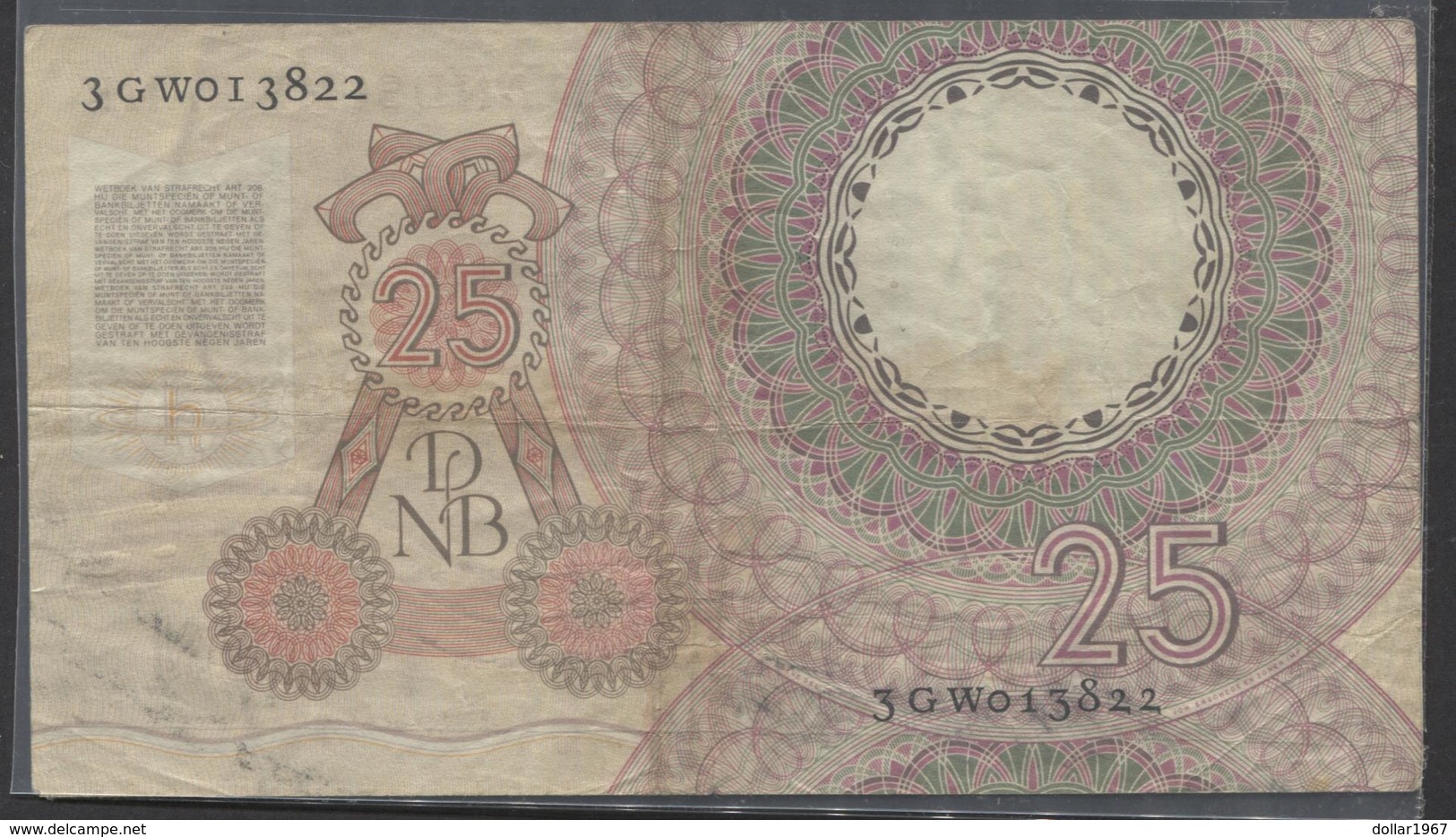 Netherlands  25 Gulden 10-4-1955 - NO: 3 GW 013822  - See The 2 Scans For Condition.(Originalscan ) - 25 Gulden