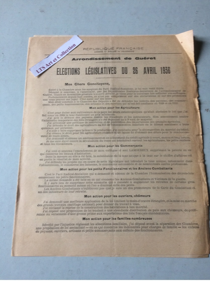 PROGRAMME ELECTORALE DES DIFFERENTS PARTIS AUX ELECTIONS LEGISLATIVES A GUERET CREUSE  EN 1936 - Programs