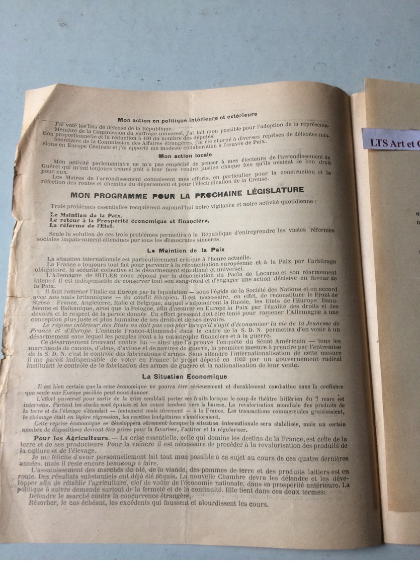 PROGRAMME ELECTORALE DES DIFFERENTS PARTIS AUX ELECTIONS LEGISLATIVES A GUERET CREUSE  EN 1936 - Programs