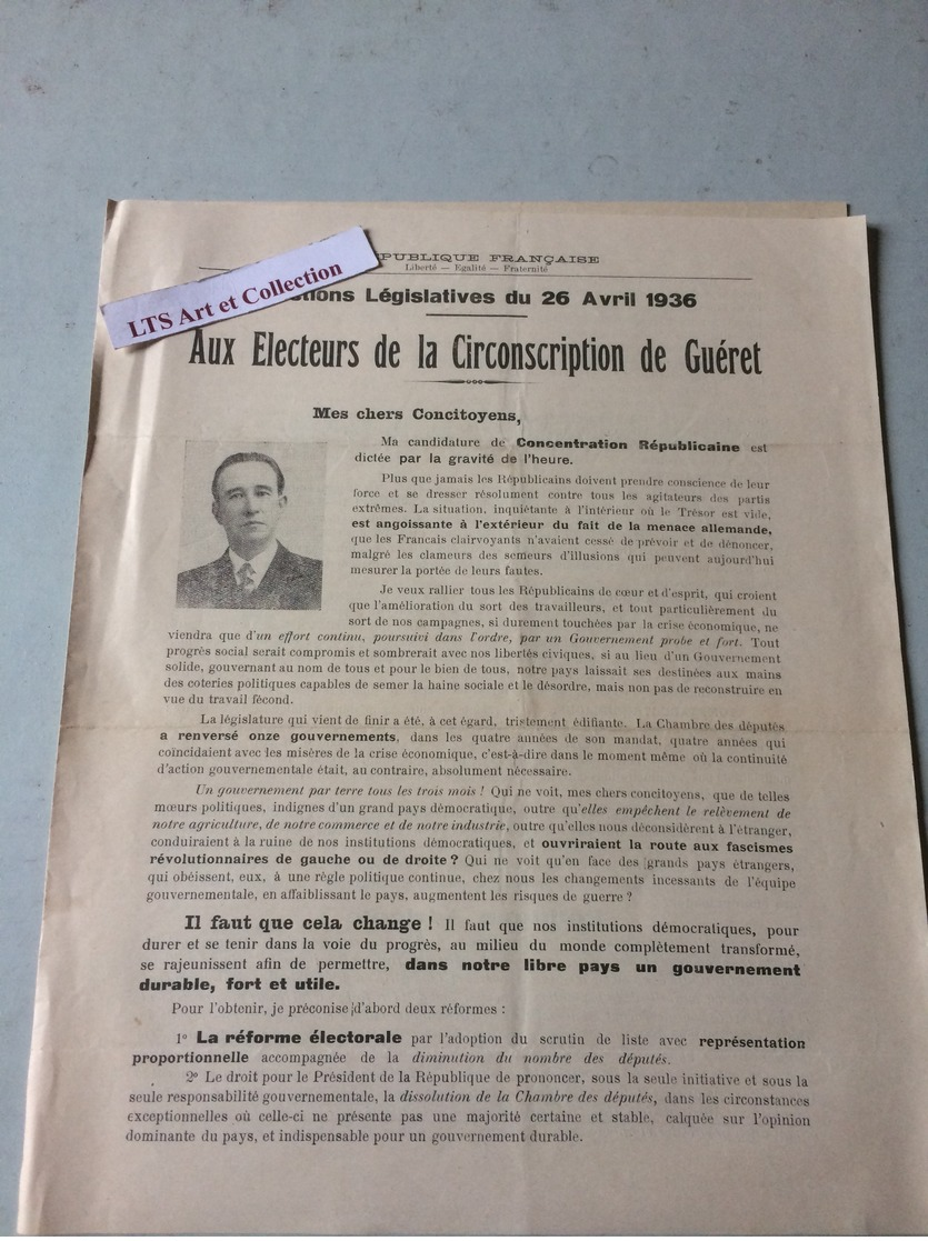 PROGRAMME ELECTORALE DES DIFFERENTS PARTIS AUX ELECTIONS LEGISLATIVES A GUERET CREUSE  EN 1936 - Programmi