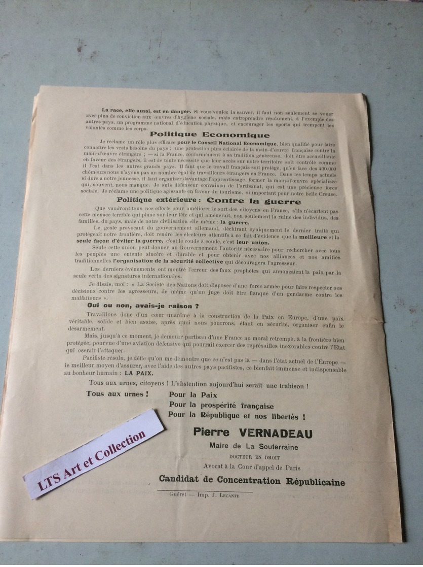 PROGRAMME ELECTORALE DES DIFFERENTS PARTIS AUX ELECTIONS LEGISLATIVES A GUERET CREUSE  EN 1936