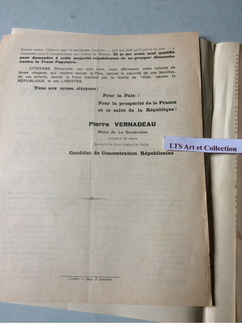 PROGRAMME ELECTORALE DES DIFFERENTS PARTIS AUX ELECTIONS LEGISLATIVES A GUERET CREUSE  EN 1936