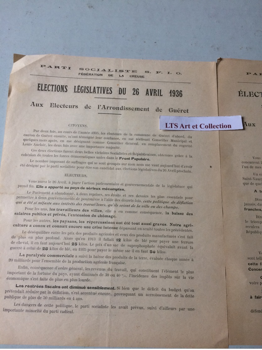 PROGRAMME ELECTORALE DES DIFFERENTS PARTIS AUX ELECTIONS LEGISLATIVES A GUERET CREUSE  EN 1936