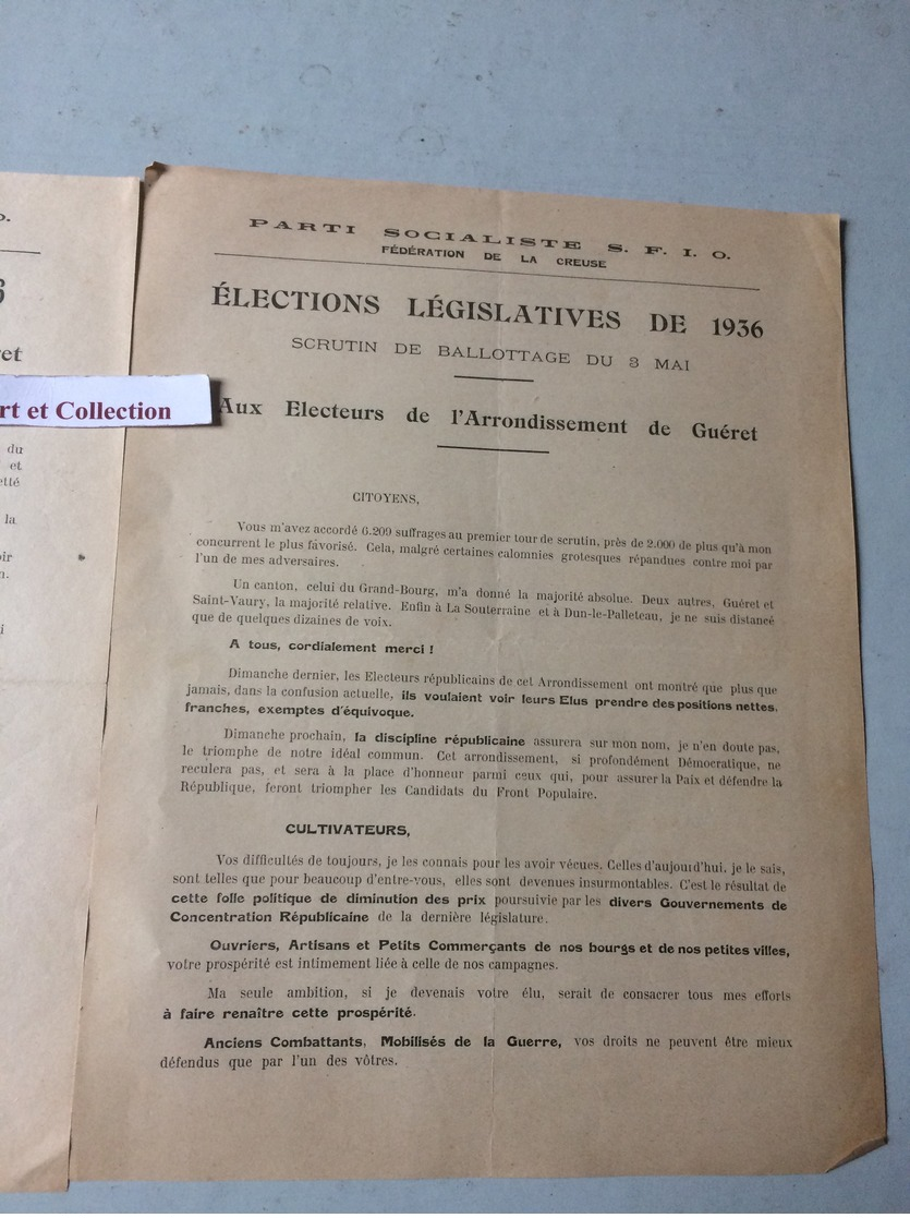 PROGRAMME ELECTORALE DES DIFFERENTS PARTIS AUX ELECTIONS LEGISLATIVES A GUERET CREUSE  EN 1936