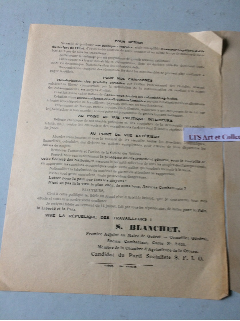 PROGRAMME ELECTORALE DES DIFFERENTS PARTIS AUX ELECTIONS LEGISLATIVES A GUERET CREUSE  EN 1936