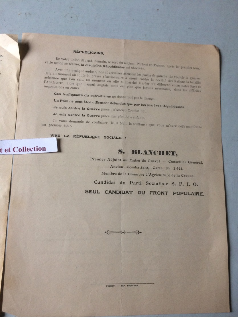 PROGRAMME ELECTORALE DES DIFFERENTS PARTIS AUX ELECTIONS LEGISLATIVES A GUERET CREUSE  EN 1936
