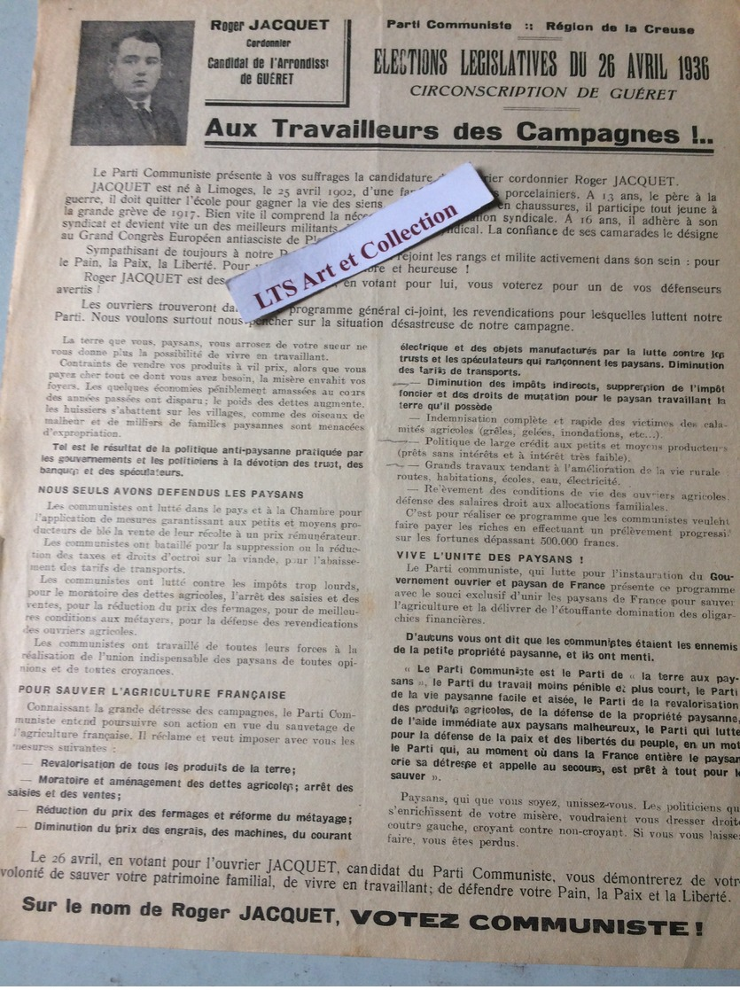 PROGRAMME ELECTORALE DES DIFFERENTS PARTIS AUX ELECTIONS LEGISLATIVES A GUERET CREUSE  EN 1936