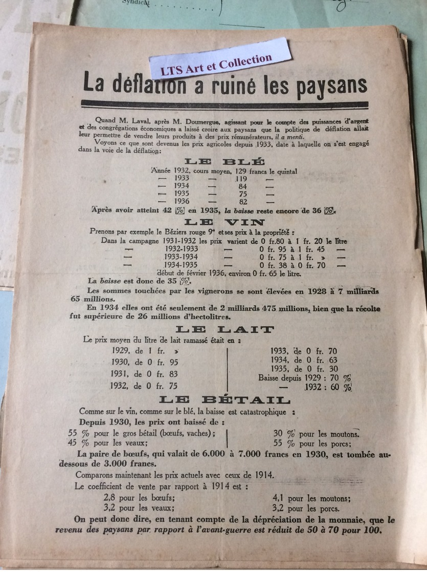 PROGRAMME ELECTORALE DES DIFFERENTS PARTIS AUX ELECTIONS LEGISLATIVES A GUERET CREUSE  EN 1936