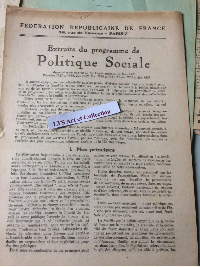 PROGRAMME ELECTORALE DES DIFFERENTS PARTIS AUX ELECTIONS LEGISLATIVES A GUERET CREUSE  EN 1936