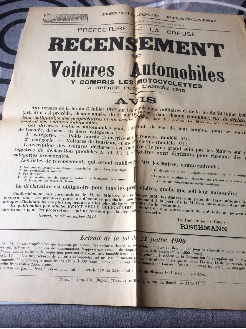 AFFICHE  WW1;RECENSEMENT DES VOITURES AUTOMOBILES A OPÉRER POUR L;ANNÉE 1915 ;PREFECTURE DE LA CREUSE ; - Manifesti