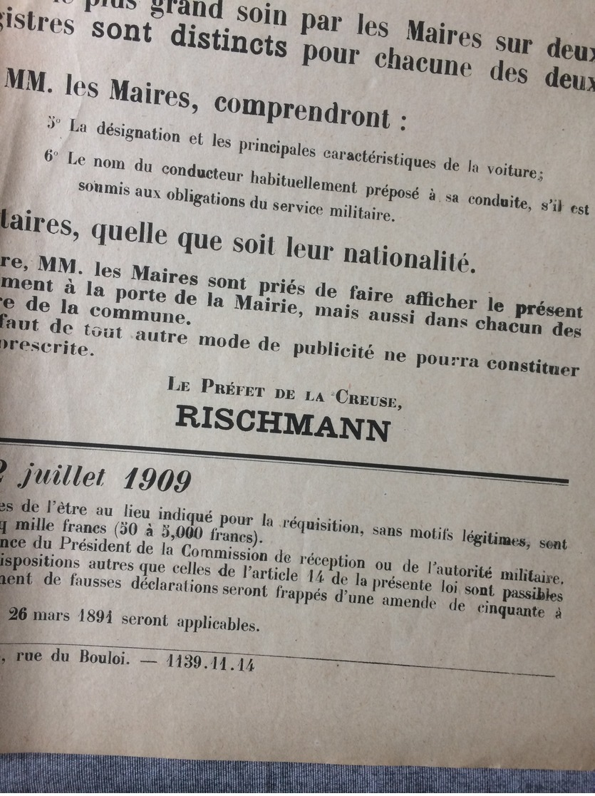 AFFICHE  WW1;RECENSEMENT DES VOITURES AUTOMOBILES A OPÉRER POUR L;ANNÉE 1915 ;PREFECTURE DE LA CREUSE ; - Manifesti
