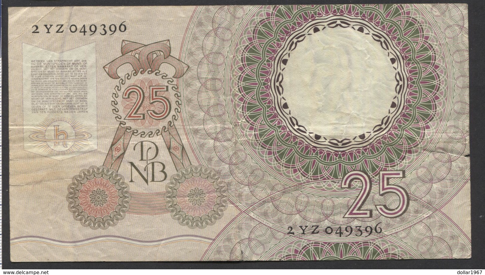 Netherlands  25 Gulden 10-4-1955 - NO: 2 YZ 049396  - See The 2 Scans For Condition.(Originalscan ) - 25 Gulden