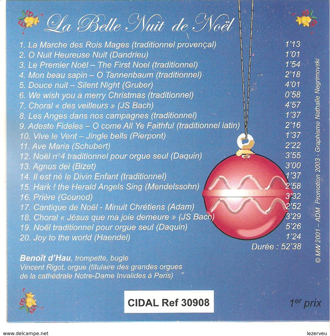 CD LA BELLE NUIT DE NOEL 20 TITRES Vincent RIGOT ORGUE  Benoit D'HAU Trompette  Bugle - Navidad