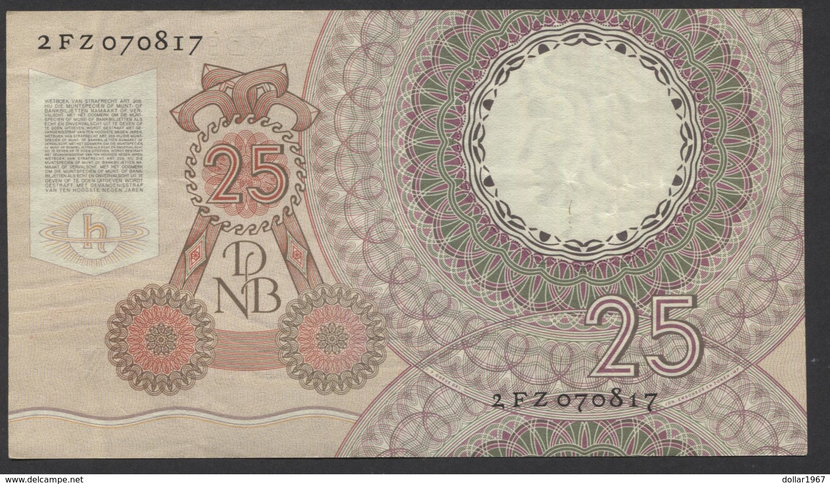 Netherlands  25 Gulden 10-4-1955 - NO: 2 FZ 070817  - See The 2 Scans For Condition.(Originalscan ) - 25 Gulden