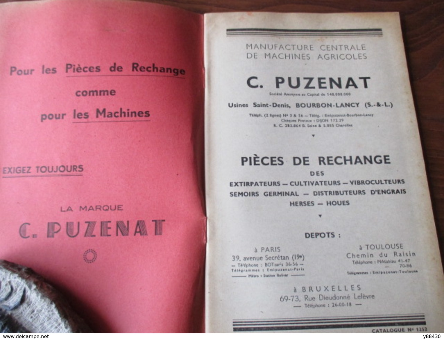 Livret Pour PIECES DE RECHANGES  Machines Agricole - Ets. C. PUZENAT à BOURBON LANCY - Année 1952 - 52 Pages - 21 Photos - Máquinas