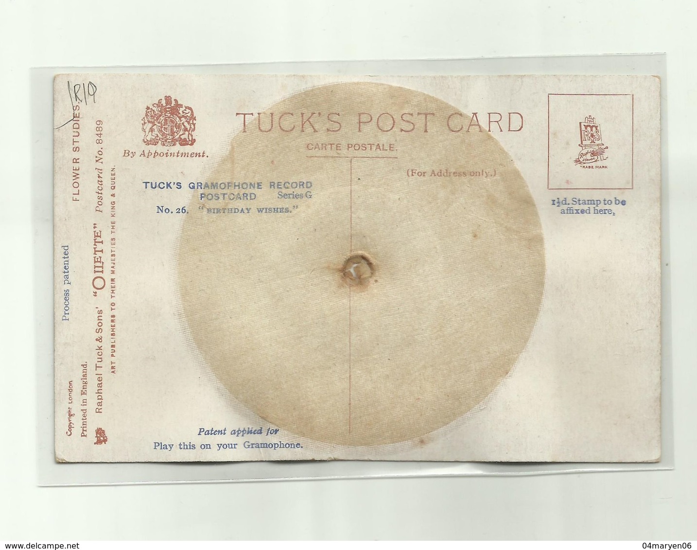 -*- 1 X  CP-  DISQUE  *-----TUCK'S GRAMOPHONE RECORD POSTCARD  . - Autres & Non Classés